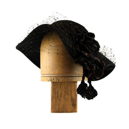 Black Drooped brim with vintage veiling and handmade silk velvet flowers