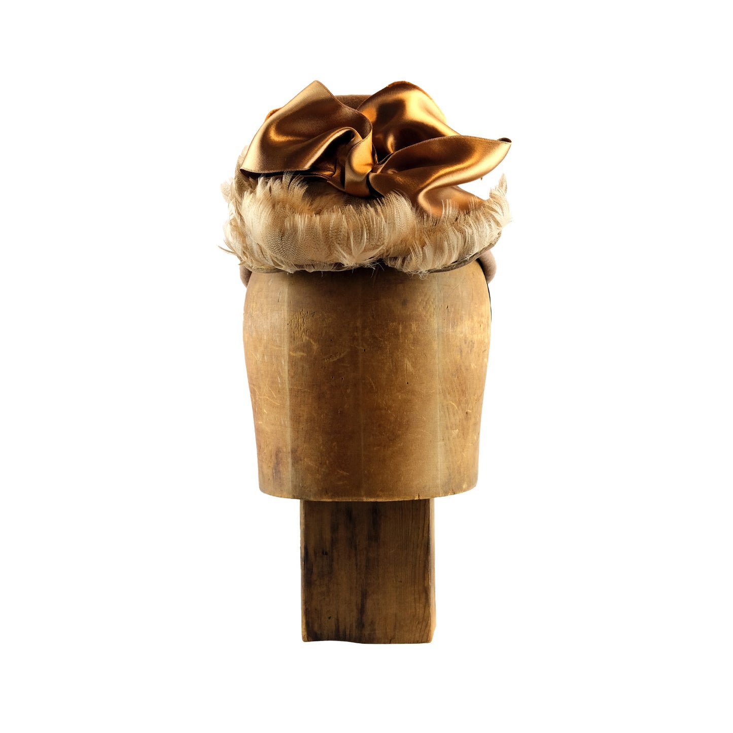 Camel felt Perch with curled feather bangs and vintage silk ribbon