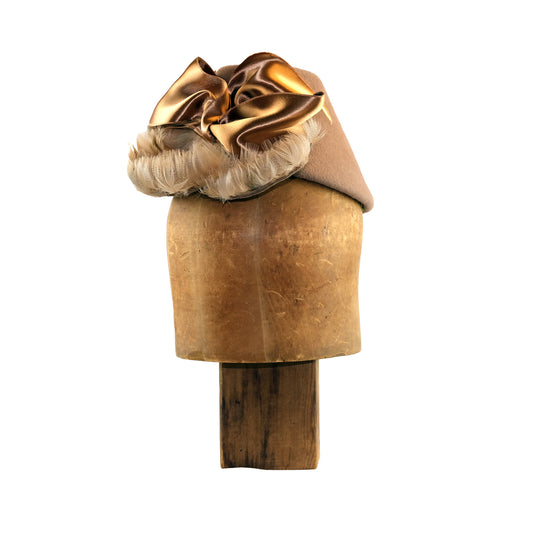 Camel felt Perch with curled feather bangs and vintage silk ribbon
