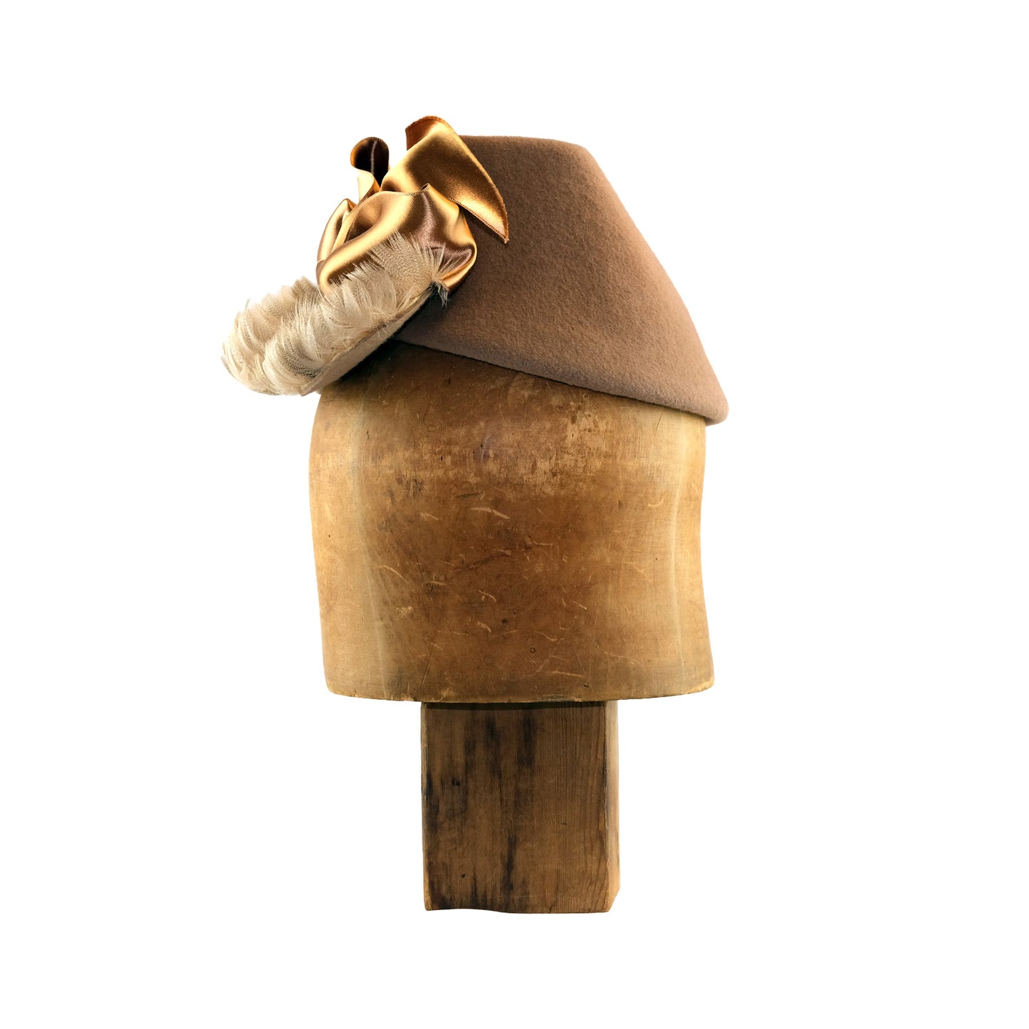 Camel felt Perch with curled feather bangs and vintage silk ribbon