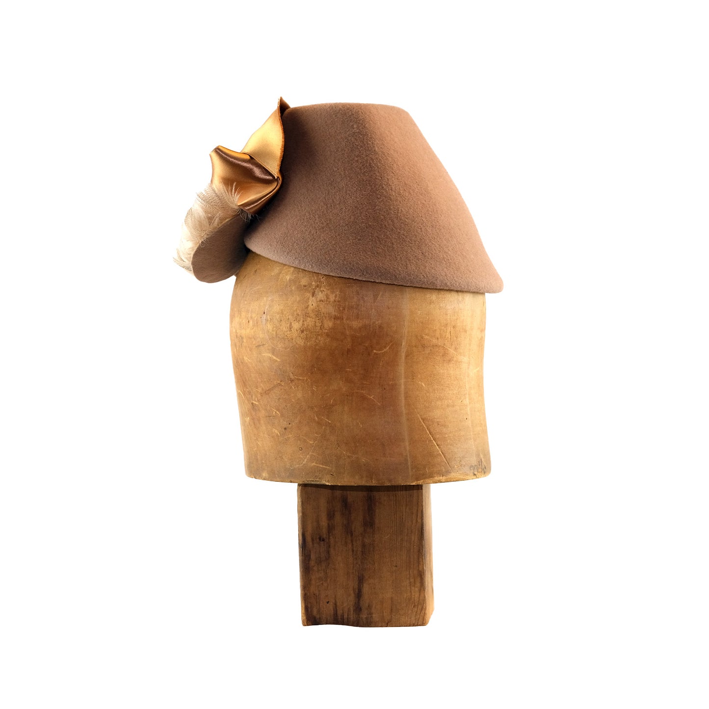 Camel felt Perch with curled feather bangs and vintage silk ribbon