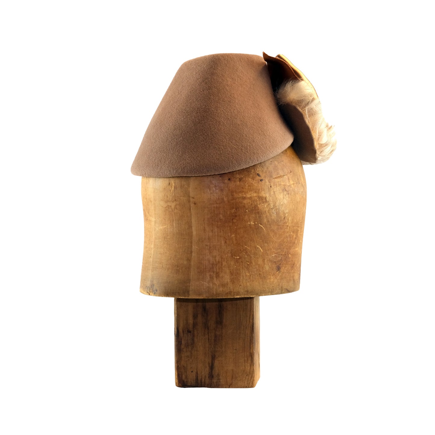Camel felt Perch with curled feather bangs and vintage silk ribbon
