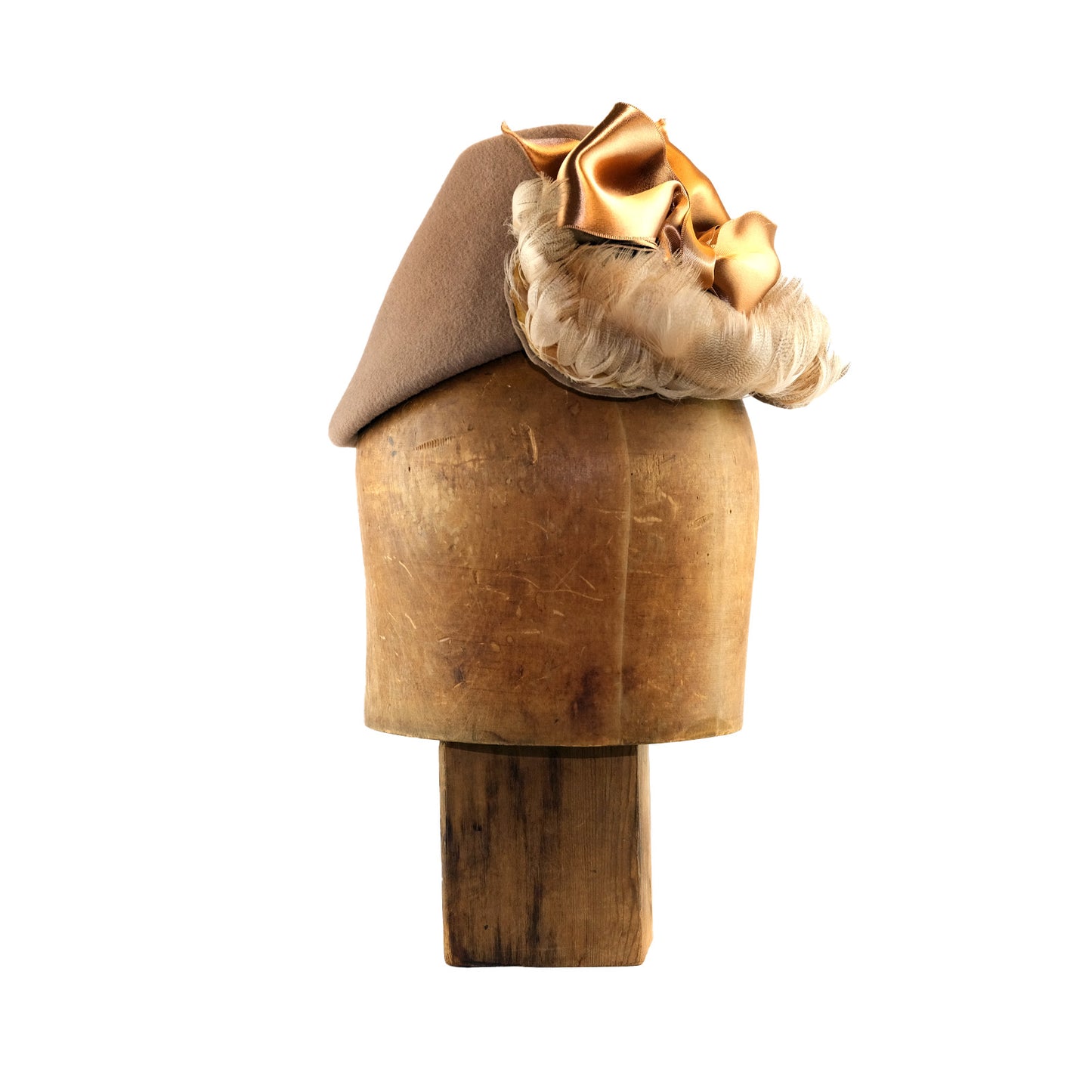 Camel felt Perch with curled feather bangs and vintage silk ribbon