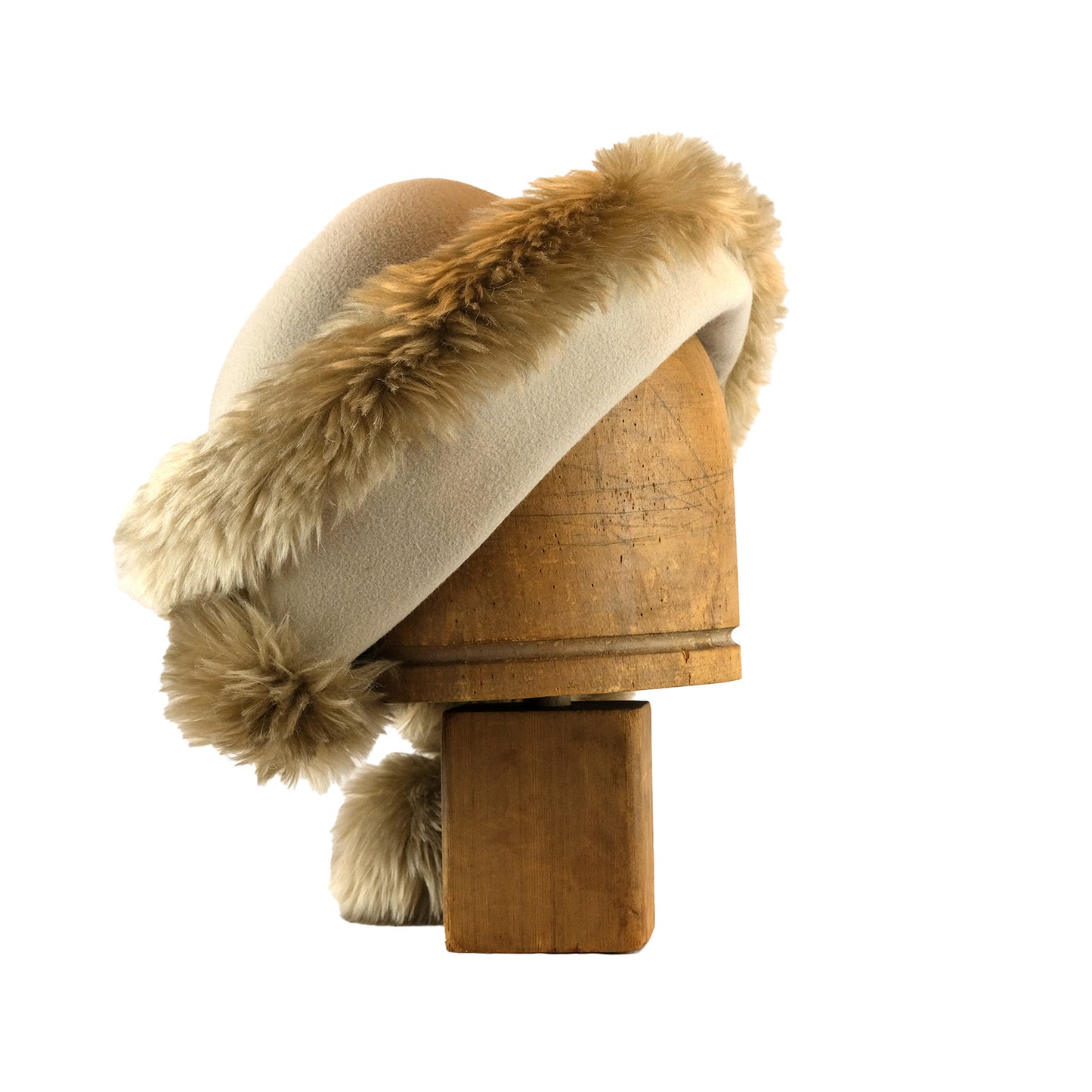 Beige Felt Hood with Faux Fur Trim