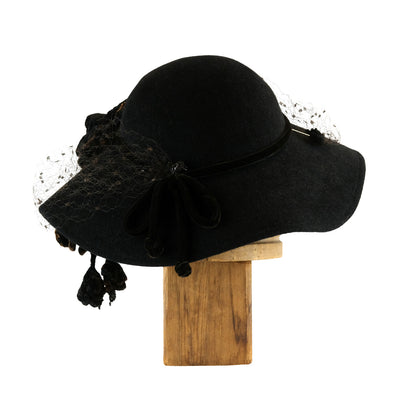 Black Drooped Bring with Silk Flower Trim