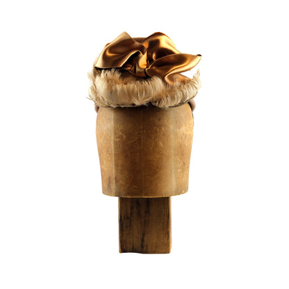 Camel felt Perch with curled feather bangs and vintage silk ribbon