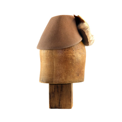 Camel felt Perch with curled feather bangs and vintage silk ribbon