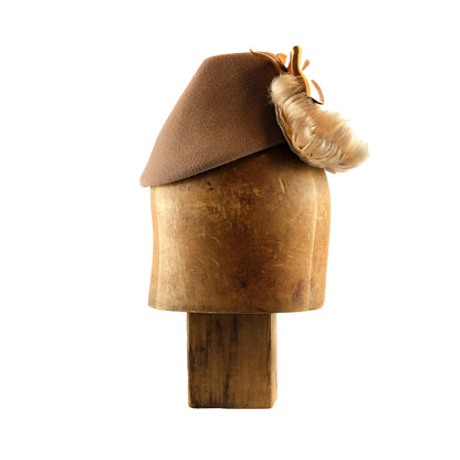 Camel felt Perch with curled feather bangs and vintage silk ribbon